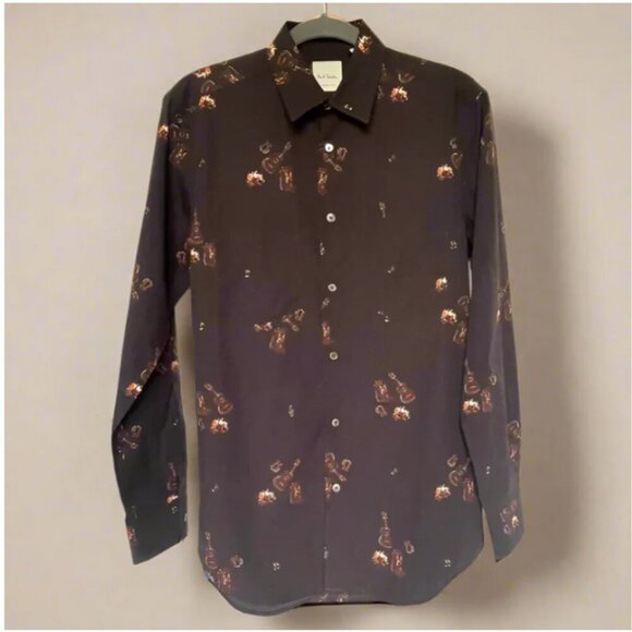 Paul Smith Guitar Folk Dress Shirt Mens Small Brown Cotton Button-Down Tailored - Picture 1 of 6